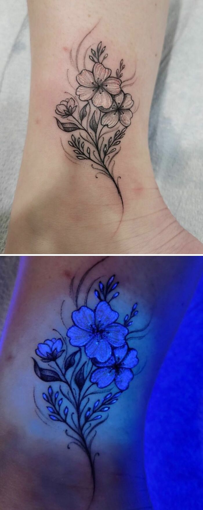 Delicate flower tattoo on the ankle, radiating elegance and beauty under different lighting.