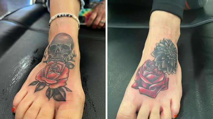 Fun Little Foot Tattoo A Great Client Let Me Do. Skull And Flower