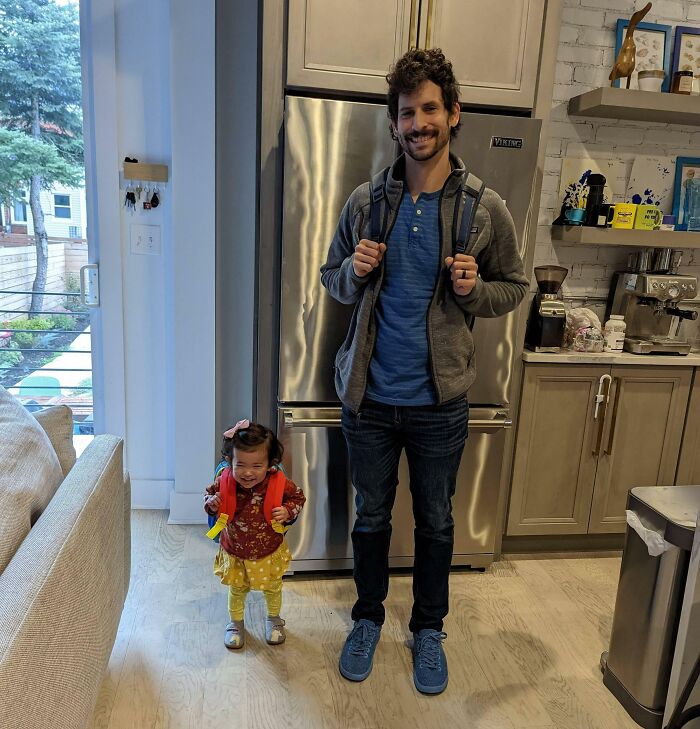 My Daughter Got Her First Backpack And Now We Match. Off To Daycare And Work