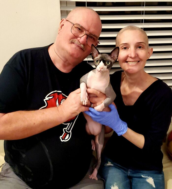 My Dad Shaved His Head To Support Me Losing My Hair Again. So Then The Obvious Next Thing To Do Was To Take A "Bald Is Beautiful" Family Portrait