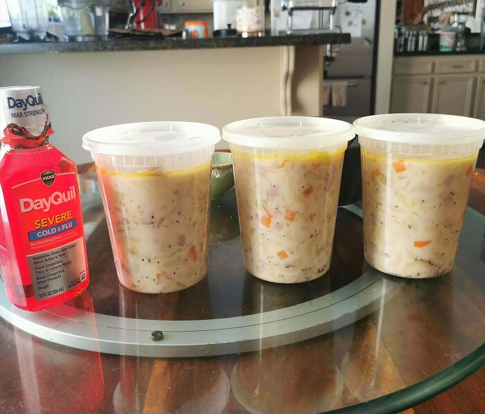 Last Night I Told A Friend I'm Sick. This Morning He Dropped By With Dayquil And 3 Containers Of My Favorite Recipe Of Filipino Sopas (Chicken Macaroni Soup)