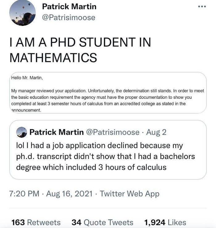 Ph.d. Maths Student Rejected For Not Show Not Having 3 Hours Of Calc On Their Transcript