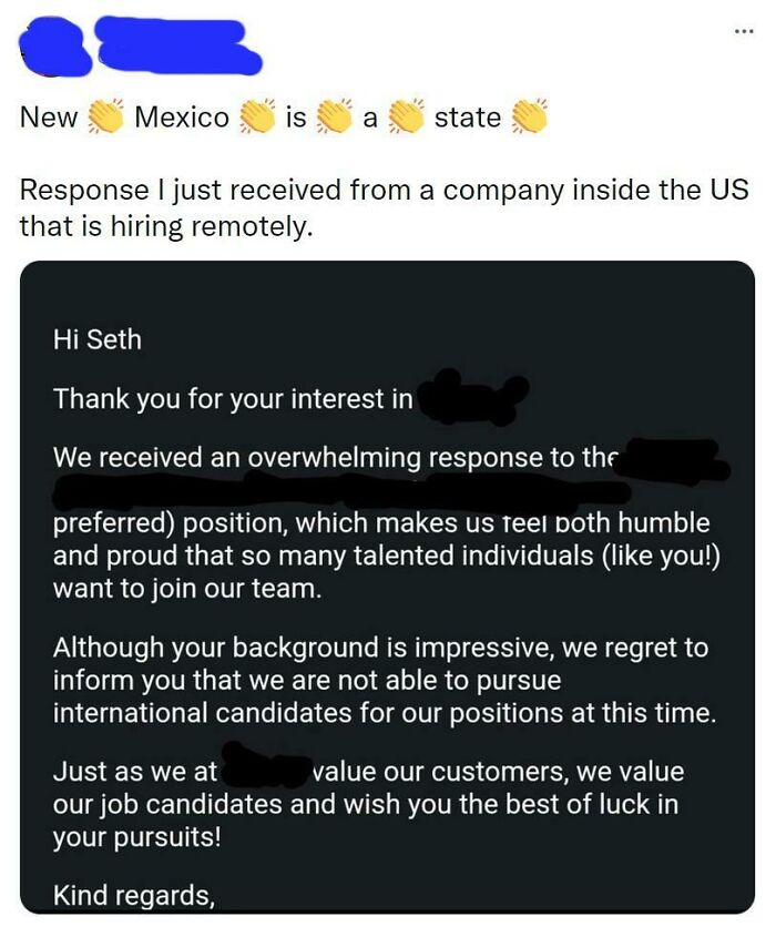Rejection Letter For A Us Remote Job. Company Thought New Mexico Was "International"