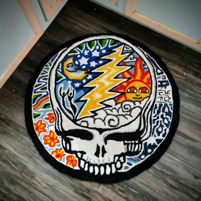 Colorful Ying Yang with skull moon and sun rug