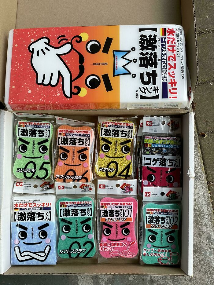 This Is A Line Of Japanese Cleaning Sponges. The Packages Are Transparent And The Printed Design On Them Give The Colorful Sponges Faces And Personality. They Each Have Different Cleaning Surfaces