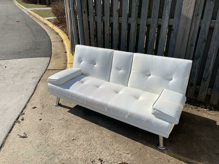 Someone Ditched A Gorgeous White Leather Couch At The Complex Dumpster