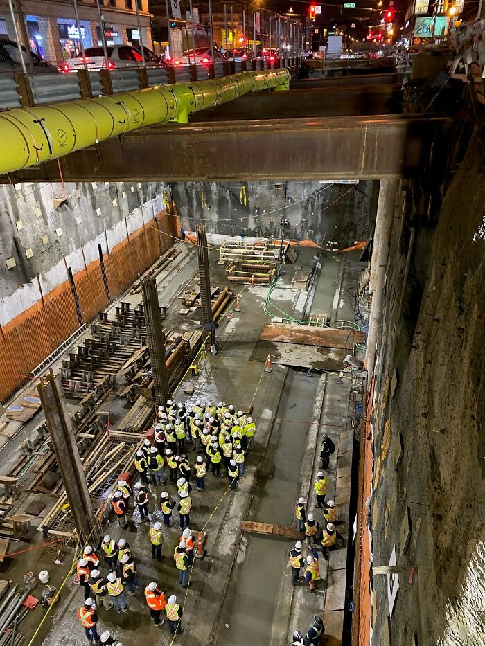 Crews Await Skytrain Tbm Breakthrough While Traffic Moves On Broadway Street Above - Vancouver, Canada