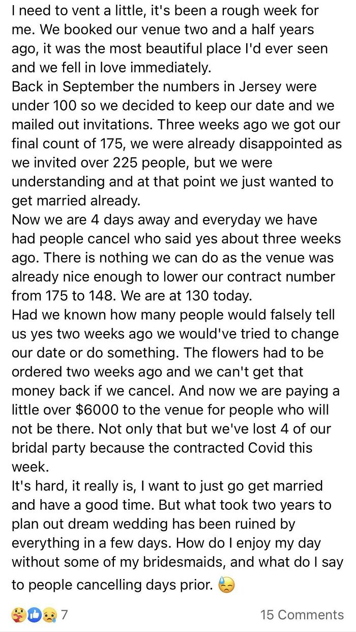 Invited 225+ People During A Pandemic And 4 Of Her Bridal Party Contracted Covid...but All She Cares About Is That People Are Cancelling During A Rise In Cases. Your Wedding Is Not More Important Than People’s Lives