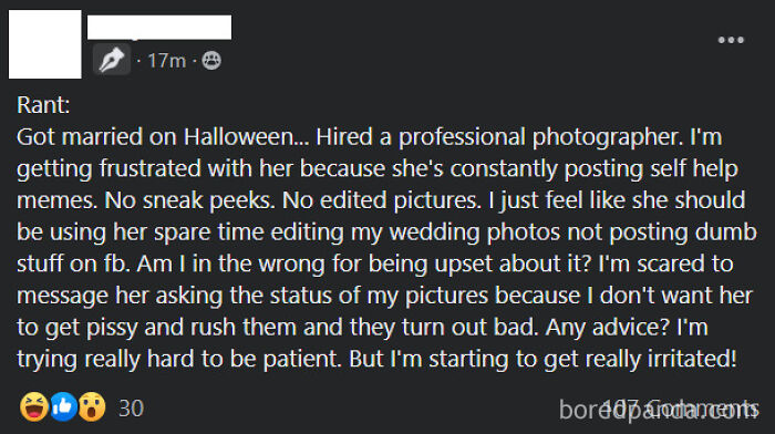Bridezilla Thinks Photographers Spare Time Should Be Used To Edit Her Photos