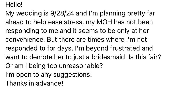 Bridezilla Wants To Drop Moh For Not Answering Over 2 Years Out From Her Wedding
