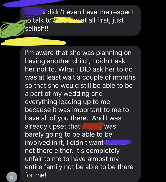 Bridezilla (Yellow) Is Mad That One Of Her Bridesmaids (Purple) Will Be Pregnant For Her Wedding. Her Mother Is Green, Bridesmaid Is Purple, Other Family Member Who Is Pregnant Is Red