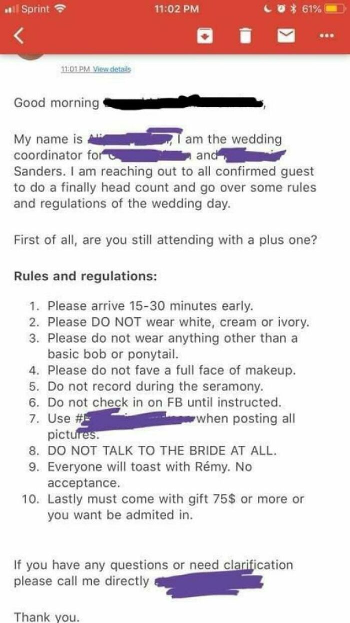 Kindly Refrain From Upstaging The Bride On Her Big Day — Oh, And No Admission Without A Gift Of $75 Or More