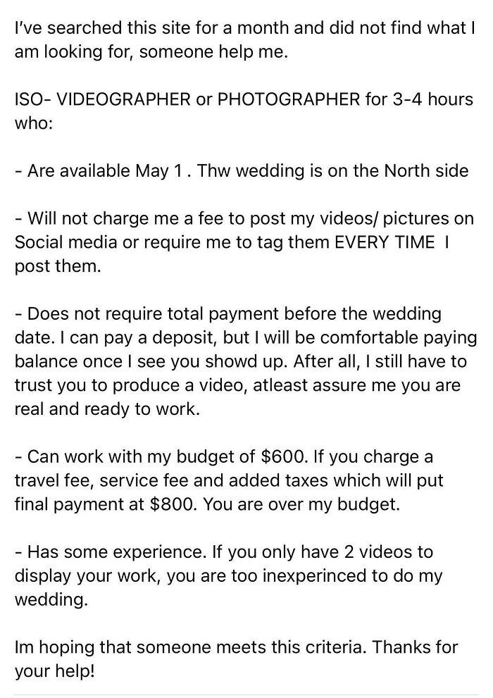 Bride Looking For Cheap Photographer/Videographer That Meets All Her Demands…
