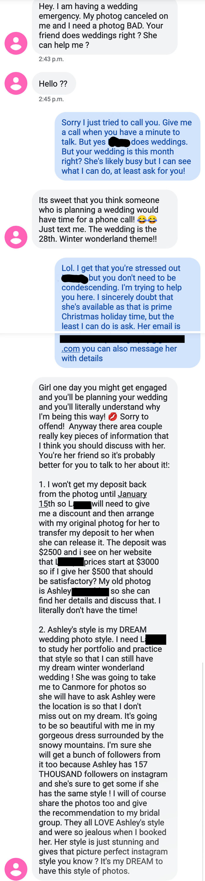 Bride Wants My Photographer Friend To Learn Another Photographer's "Style" And Basically Give Her A Discount For A Wedding That's In A Couple Of Weeks