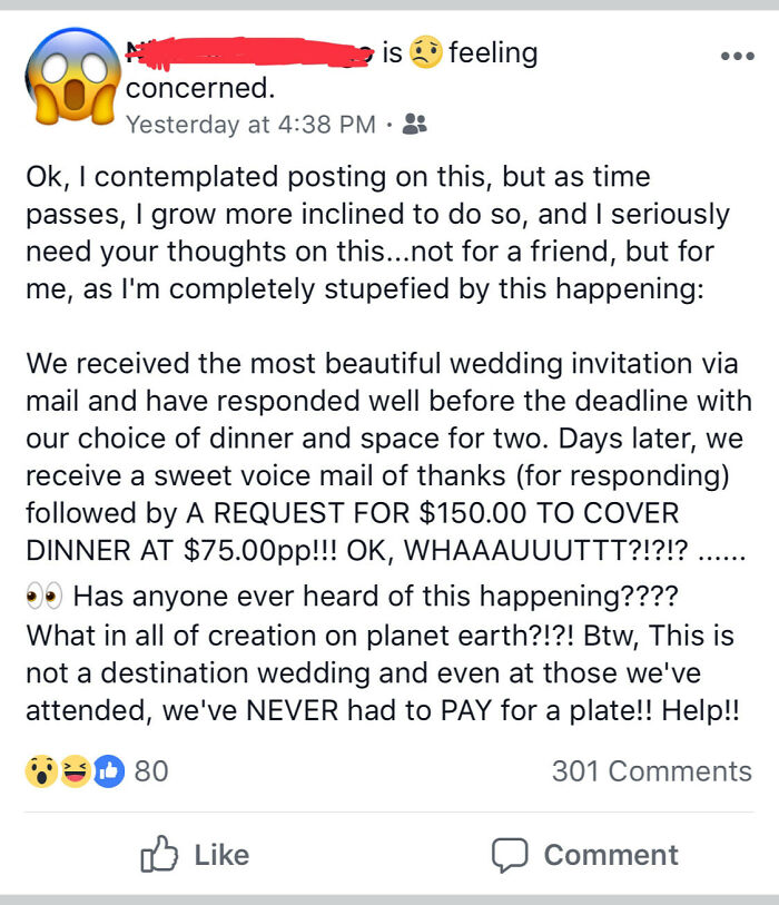 Bride Gets Rsvps From Wedding Guests And Only After The Fact Tells Everyone Who Said They Were Coming That They Need To Pay $75 Per Plate