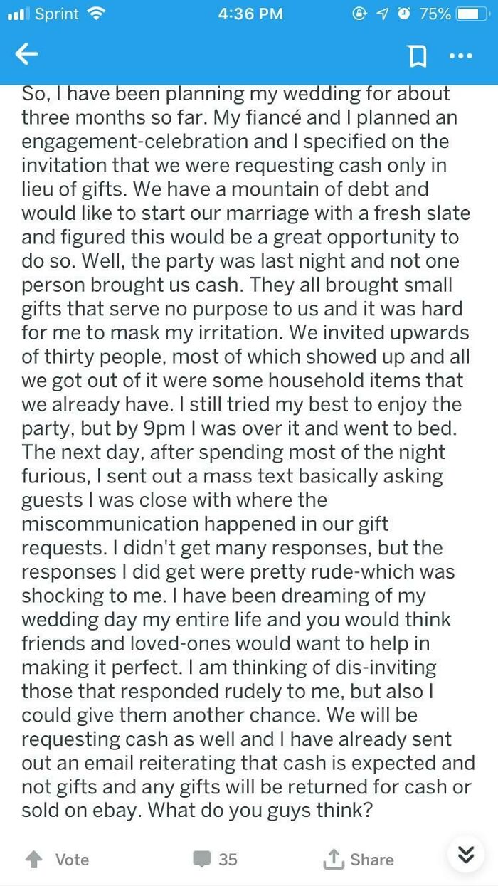 Bride Upset That Nobody Gave Her Cash At Her Engagement Party
