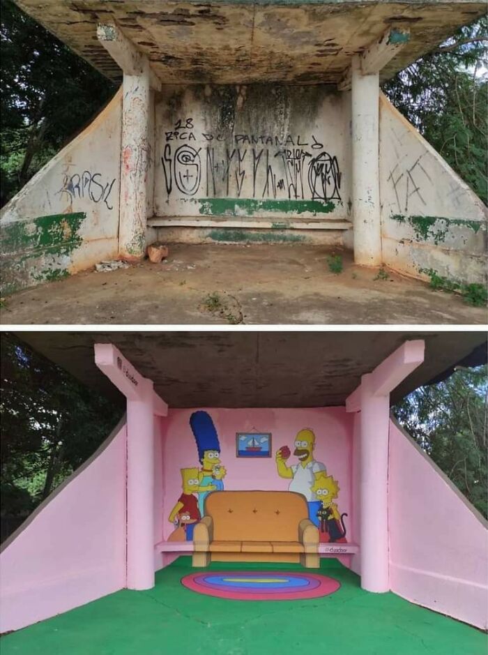 This Bus Stop In Brazil, Before And After An Artist Added Their Touch. Credits: Duudoor