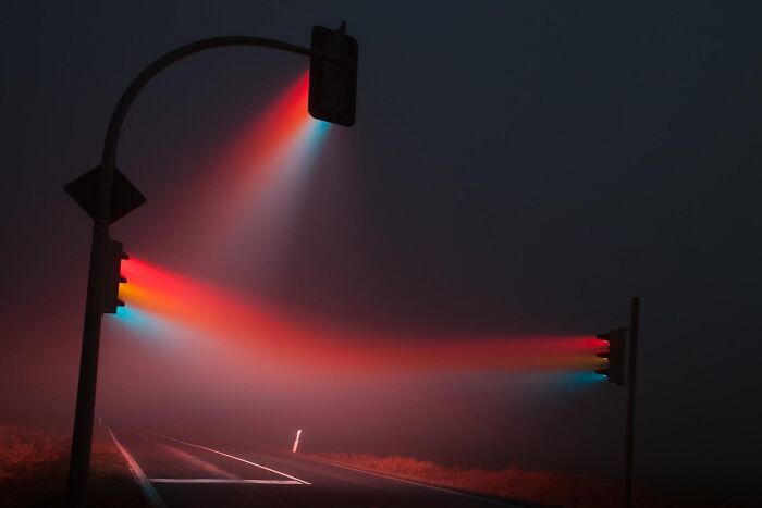 Long Exposure Picture Of Traffic Lights In Fog