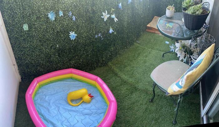 Can't Afford A Home Or Yard For My Kid, So I Built One With A Pool And A Sandbox On Our Tiny Patio