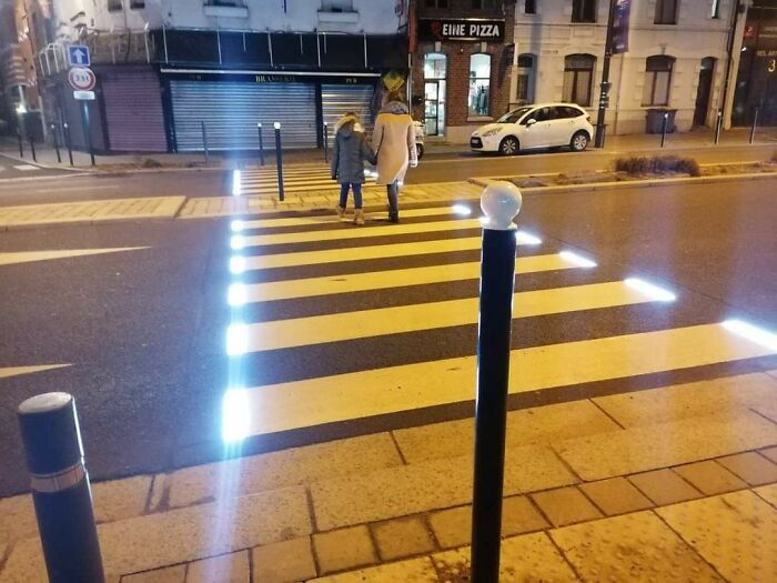 Luminous Pedestrian Crossing In France, When A Person Is Detected The Lights Turn On To Warn The Drivers