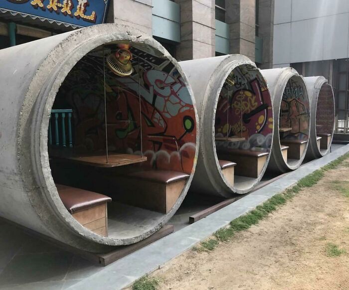 Concrete Sewer Pipes Used As Outdoor Seating