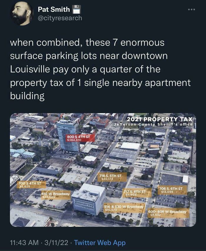 How 7 Parking Lots Pay 1/4th The Tax Of One Building, Despite Taking 8x The Land