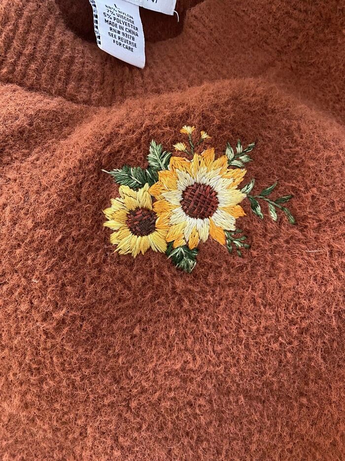 Fixed A Hole In My Sweater! Used A Stick On Design From Hoopartstitch On Etsy. First Time Trying Thread Painting. Critiques Welcome!