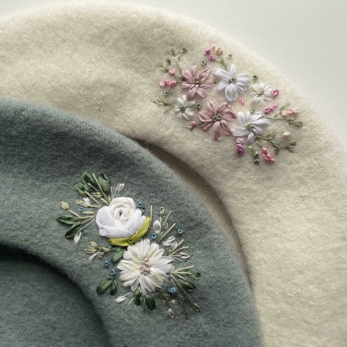 Silk Ribbon Embroidery On Wool Beret. Hand Embroidered