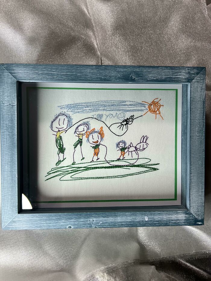 My Original Idea! This Is My Niece's Drawing I Made Into A Framed Embroidery Piece For My Sister. I Framed It Myself. Let's See How Far This Makes It Before It's Deleted/Hidden Or Whatever Keeps Happening