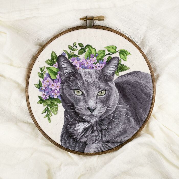 A Cat Portrait I Recently Embroidered. I Experimented With Dmc, Anchor, And Cosmo Threads For Fun