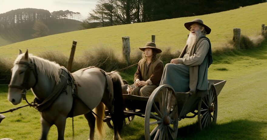 Iconic Scene Of Gandalf And Frodo On A Wagon