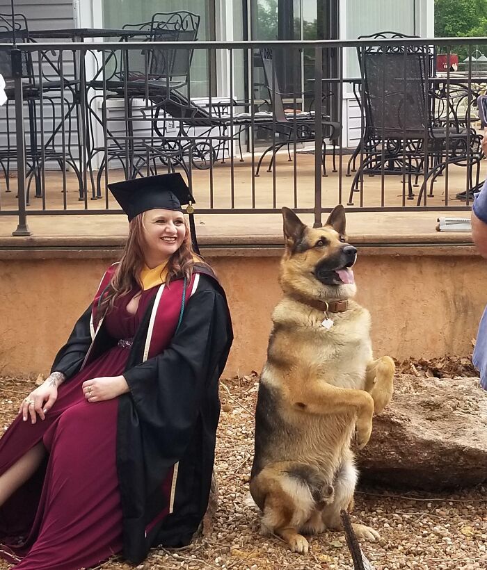 My Fiancee Just Graduated With Her Master's Degree With Honors Today. We Had A Photoshoot But Rowdy Was A Bit Jealous