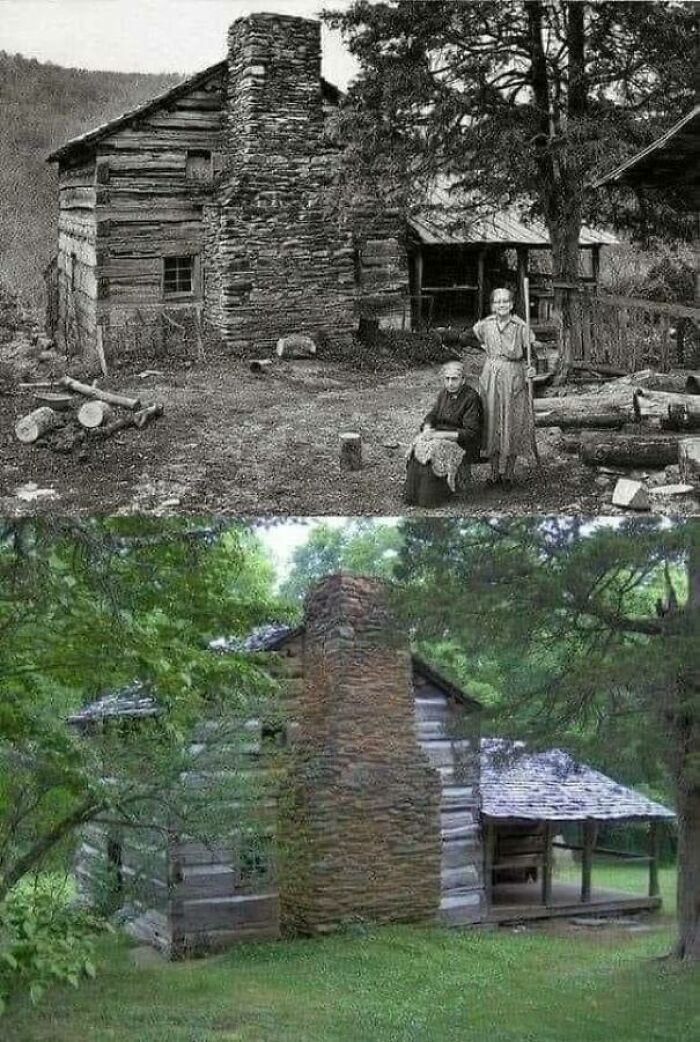 This Is The Walker Family Cabin In The Great Smoky Mountains National Park, Tennessee, USA 🇺🇸.
the Walker Family (13 Total) Lived Here Before There Was A National Park. These Are The Last Two Walker Sisters Who Actually Lived Here. The Last Sister Died In 1966. The Black And White Picture Was Taken About 1960, When The Cabin Looked The Same As 150 Years Ago. The Cabin Is Now A Tourist Destination That Includes Some Of The Original Furniture And Tools