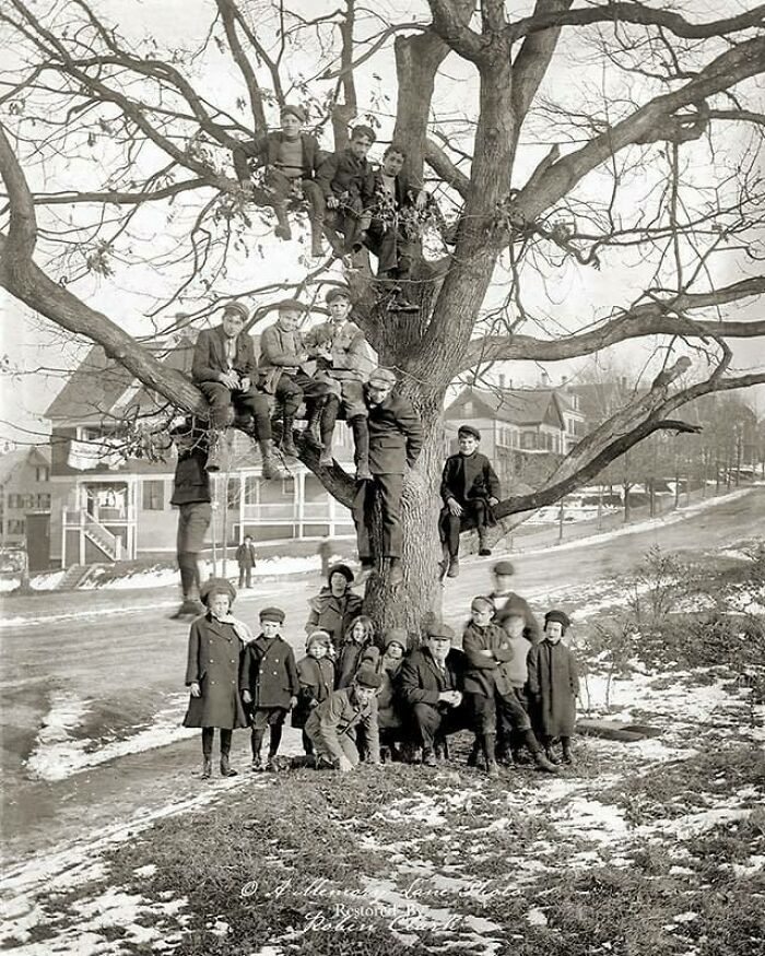 Un grupo de niños reunidos, Massachusetts, 1904