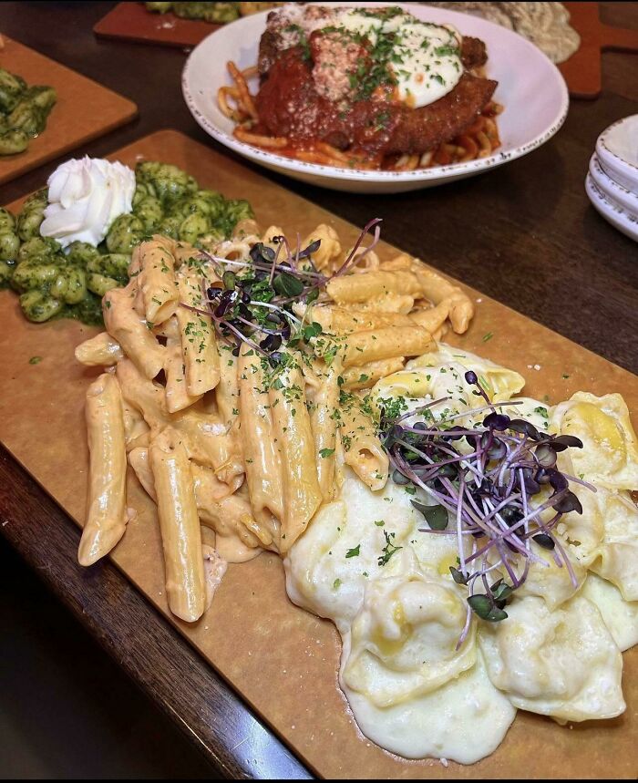 “Pasta Flight” Served On Wooden Board, Alongside Other Dishes On Actual Plates, Se Pennsylvania