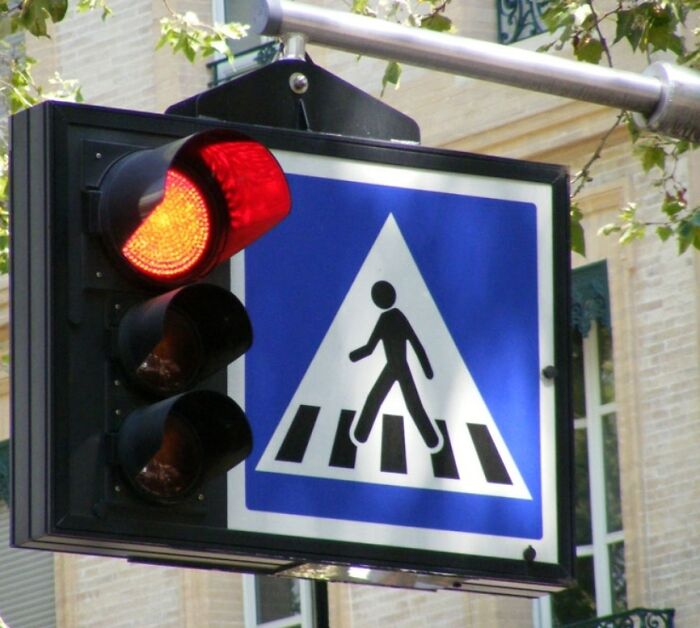 Traffic Light Integrated Into A Metal Box With A Sign + A Light Under It For The Pedestrian Crossing. From France