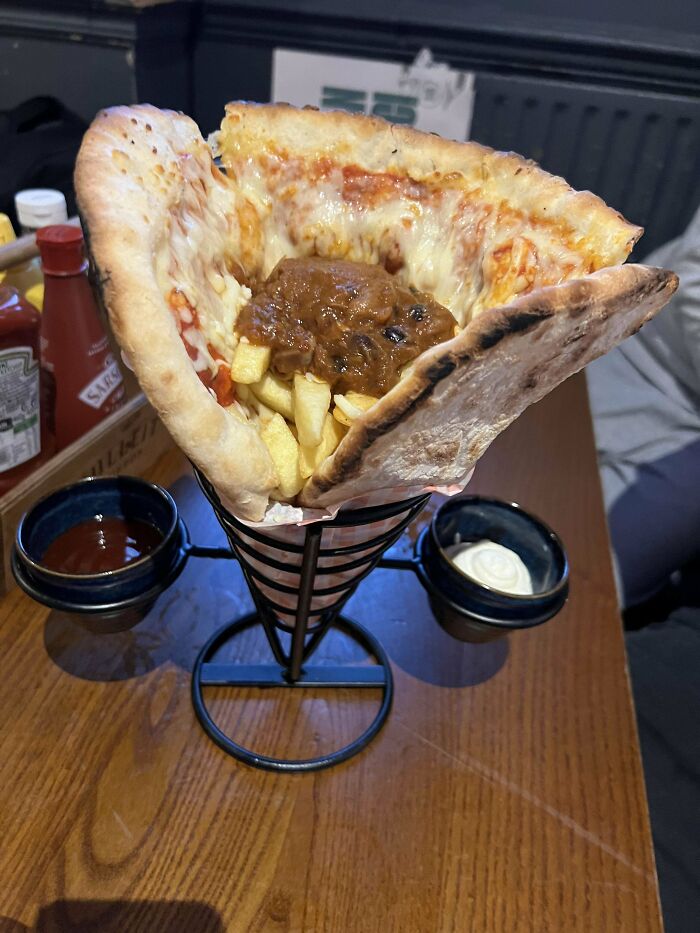 Pizza, Filled With Chips, And Jackfruit… In… A Metal Cone/Basket/Thing?!