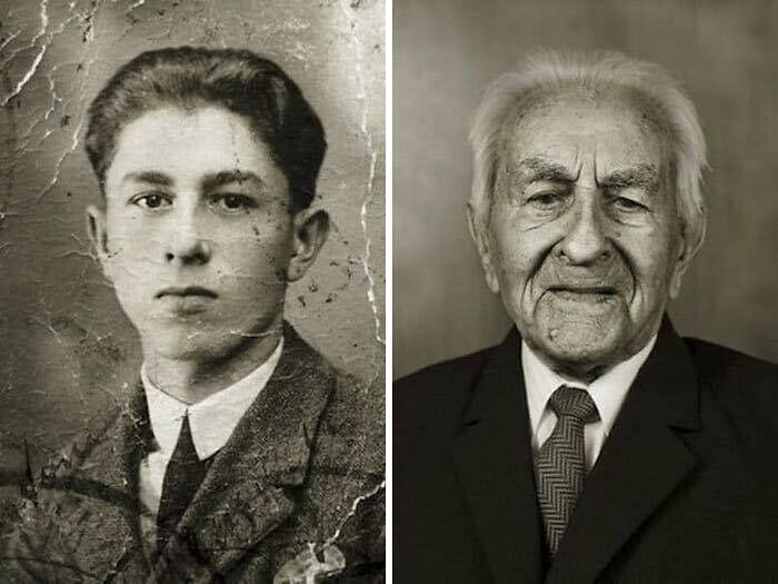 On The Left, Antonin Baldrman Is Pictured At 17 Years Old. On The Right, He Is 101 Years Old