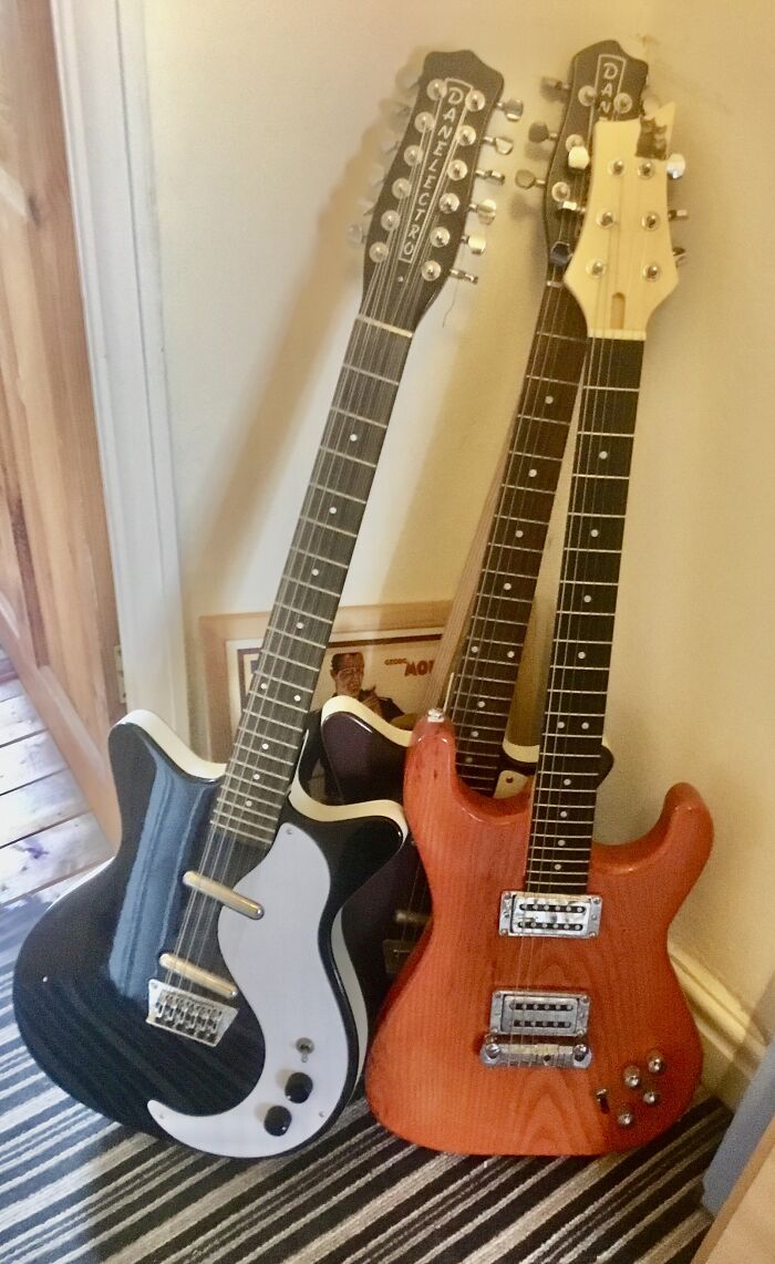 My “Super Jaffa” - (Custom Made By My Friend Iain Brook For My Birthday) Next To A Pair Of Danelectros. I’ve Been Playing For Nearly 45 Years And It’s One Of The Best Guitars I’ve Ever Played