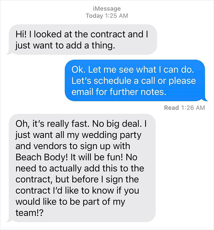 Wedding Photographer Received This Message From A Potential Client To Join Her Mlm Or The Client Wouldn’t Sign The Contract