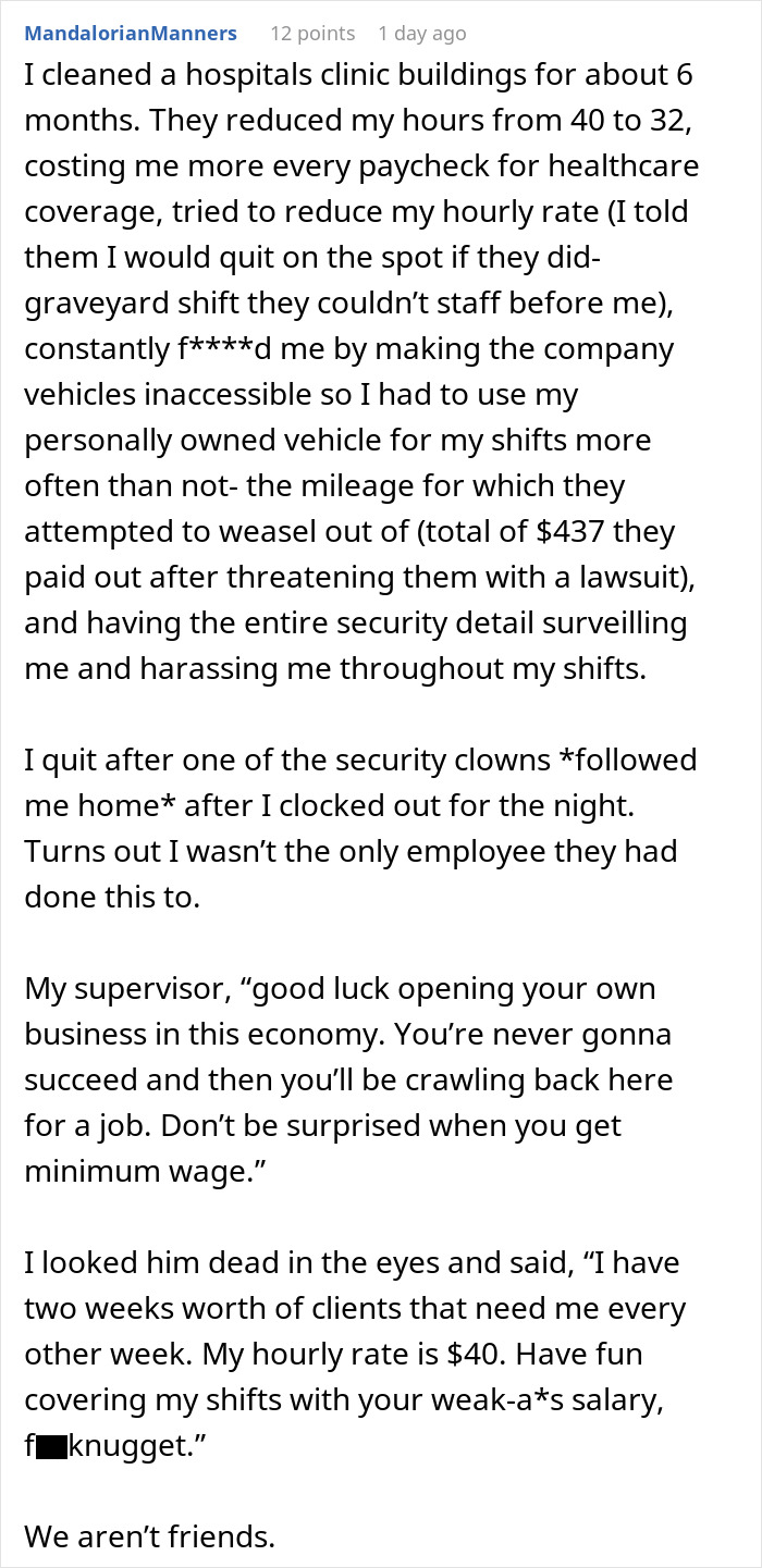 Boss implodes and makes complete fool of himself after employee quits after refusing $5 hourly pay cut