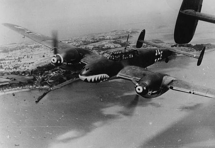 A German Twin Propelled Messerschmitt BF 110 Bomber Nicknamed "Fliegender Haifisch" (Flying Shark), Over The English Channel In August Of 1940