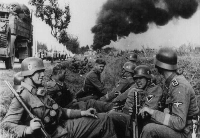 Soldiers Of The Ss-Leibstandarte Adolf Hitler Division, Resting In A Ditch Alongside A Road On The Way To Pabianice, During The Invasion Of Poland In 1939