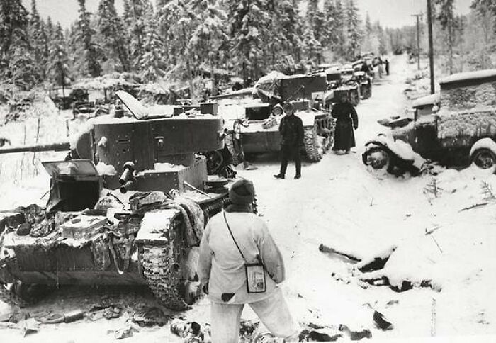 Pictured Above Are Captured Soviet Tanks And Cars Along A Road In A Snow Covered Forest On January 17, 1940. Finnish Troops Had Just Overpowered An Entire Soviet Division