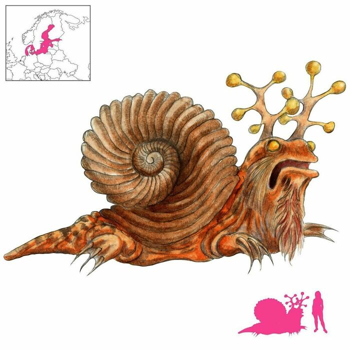 The “Sarmatian Sea Snail” (No Official Name, But Known By A Number Of Local Names) Is A Giant Snail From The Baltic Sea With Whiskers And Branched Horns. It Was Reported By Thevet, Possibly From A Number Of Unrelated Accounts