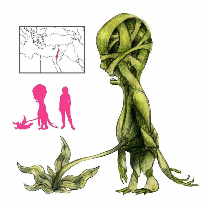 The Yedua Or Adne Hasadeh (Lord Of The Field) Is A Plant-Animal Hybrid From Jewish Folklore. It Is Connected To The Ground By A Stem Attached To Its Navel. It Is Very Fierce, But It Dies If Its Umbilical Stem Is Cut. Its Bones Are Useful For Divination