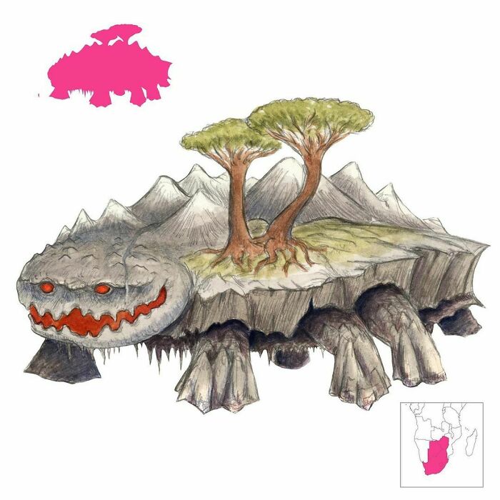 Usilosimapundu Is A Colossal Creature From Zulu Folklore. He Literally Carries Ecosystems On His Back, And His Head Is An Enormous Boulder. A Swallowing Monster, He Is A Personification Of Landslides