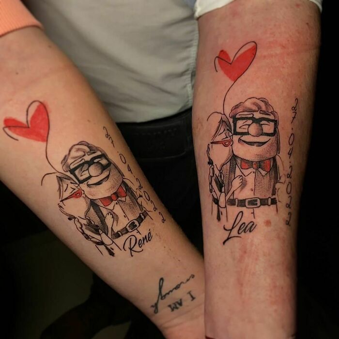 Disney Pixar Up couples tattoo Ellie and Carls arm chairs  Disney  tattoos Tattoos Tattoo wedding rings