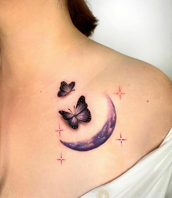 Moon And Butterflies Tattoo