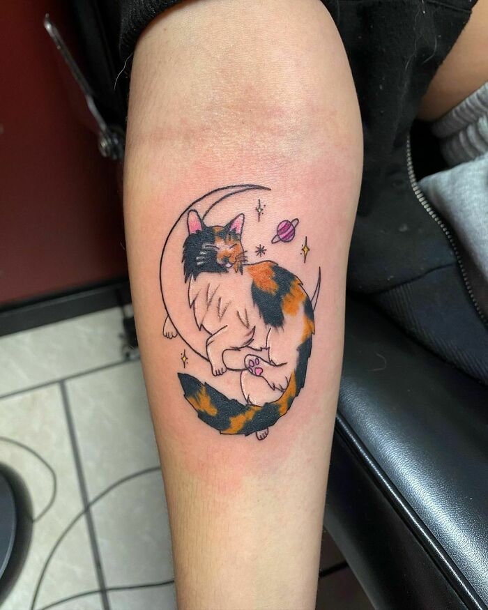 Loved Doing This First A Client’s First Tattoo Of Her Cat On A Moon!